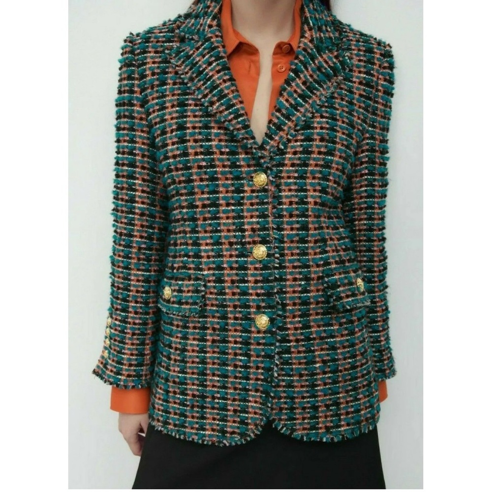 Zara NWT multicolor tweed blazer with gold button details SZ L